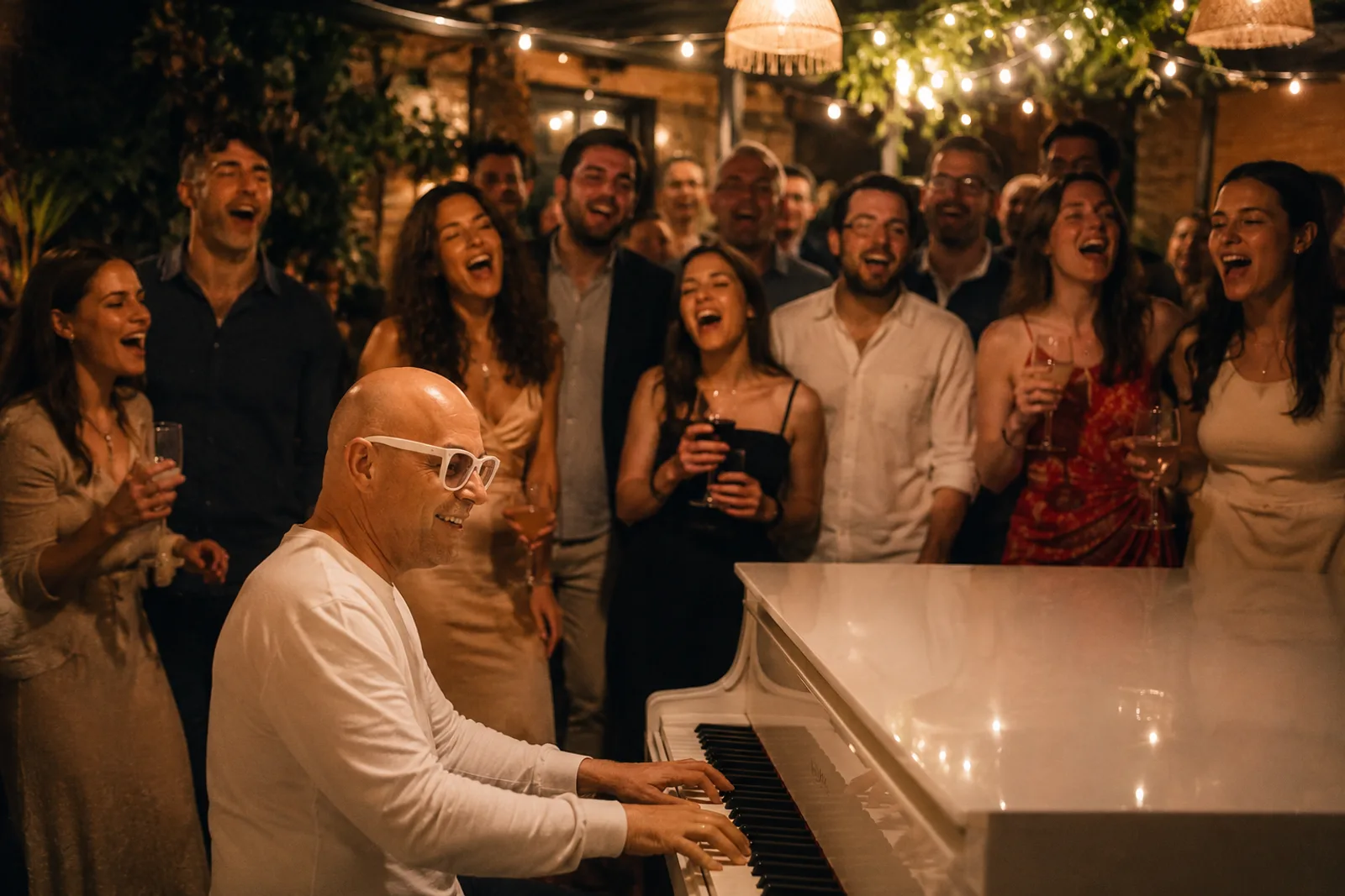 Ariel al piano en una fiesta: todos cantando alrededor del piano blanco