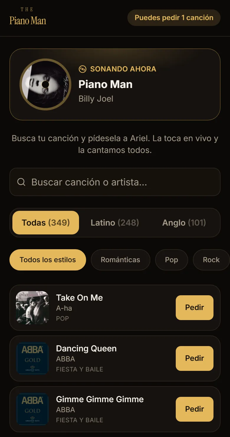 La app del público: se ve la canción sonando y la lista para pedir la siguiente