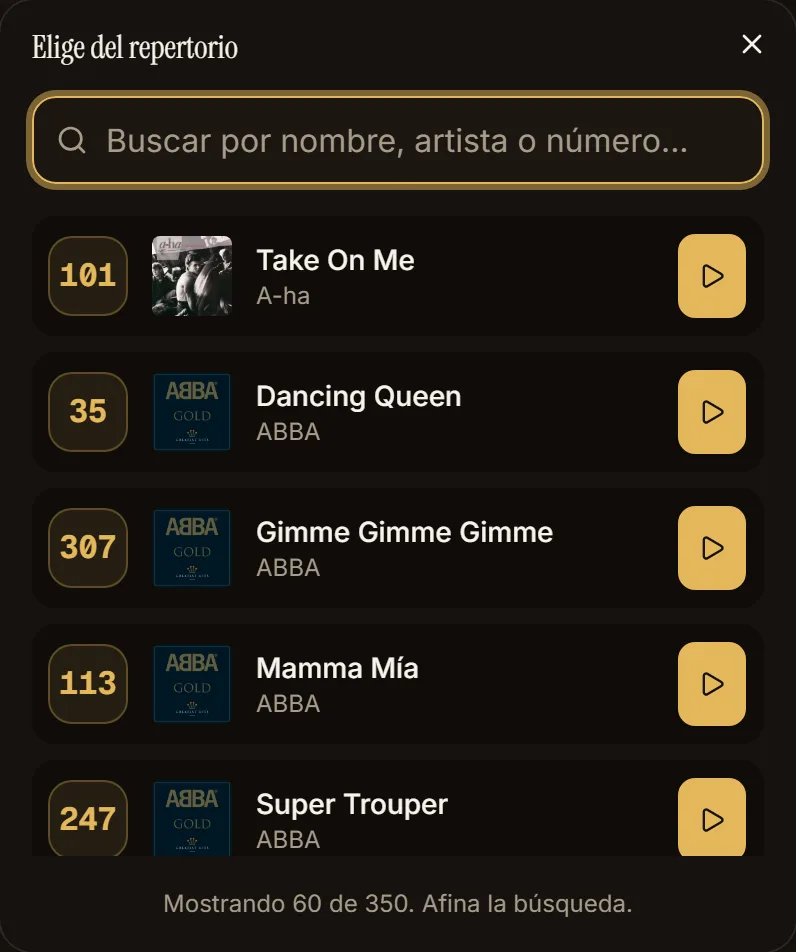 Ventana para elegir y tocar cualquier canción del repertorio