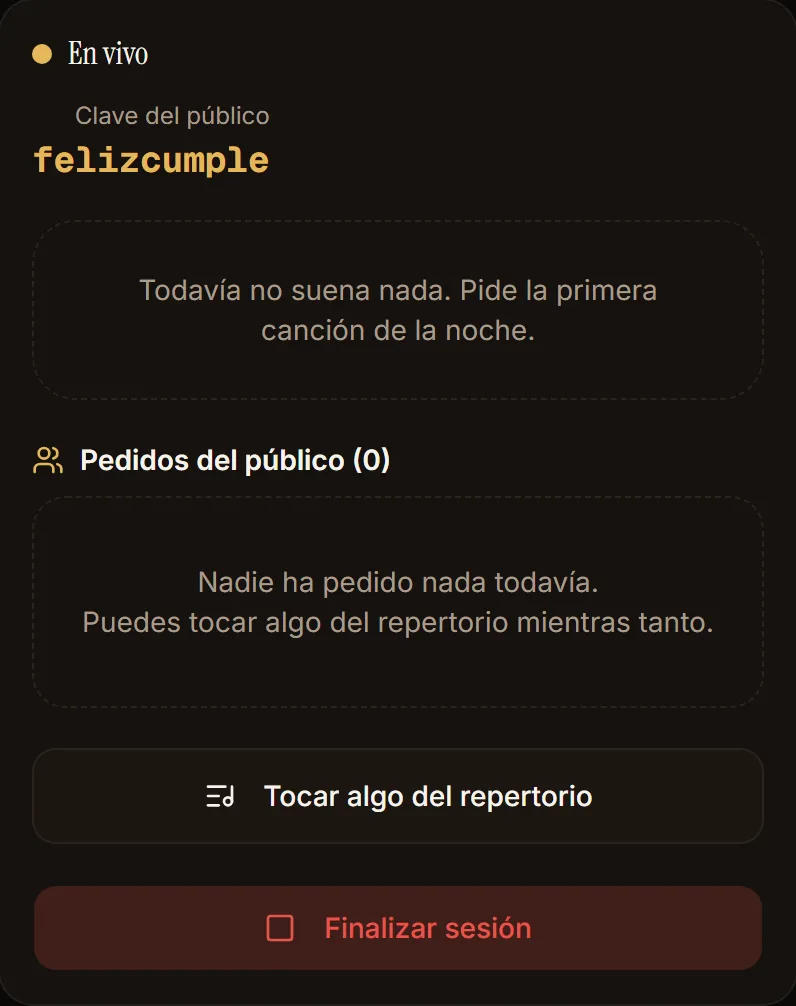 Panel en vivo recién iniciado, con la clave visible y sin pedidos todavía