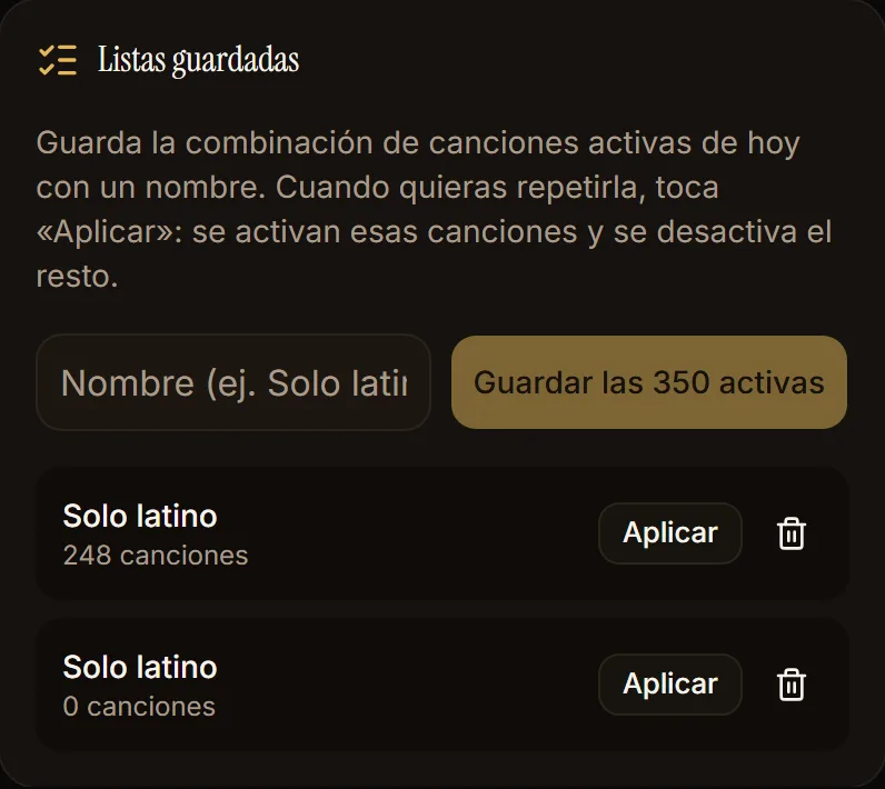 Tarjeta de listas guardadas con la lista Solo latino y su botón Aplicar
